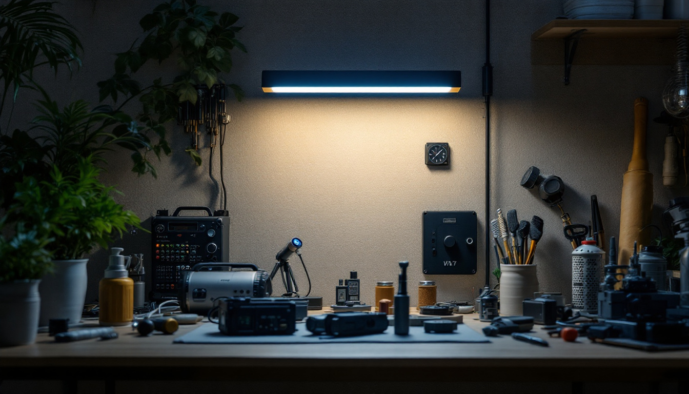 A photograph of a well-lit workspace featuring a sleek 4ft shop light illuminating various electrical engineering tools and components