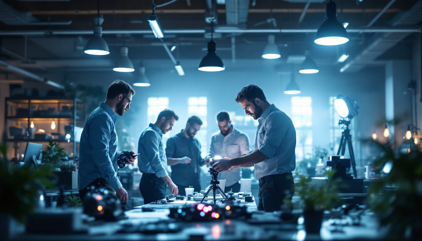 A photograph of a well-lit workspace showcasing engineers collaborating on a lighting project