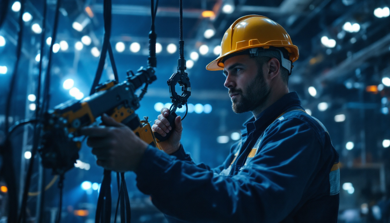 A photograph of a skilled technician using a cable puller tool in an expansive lighting installation setting