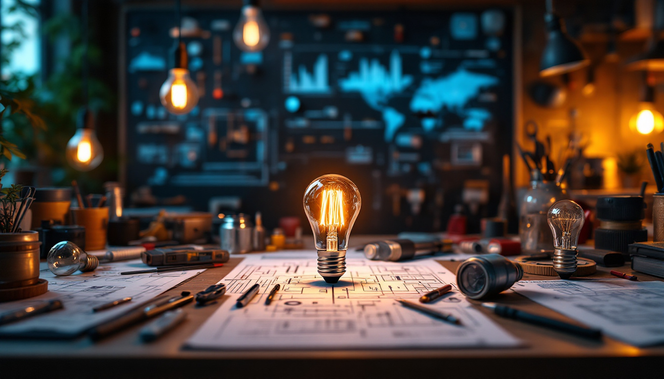 A photograph of a well-organized workspace featuring a variety of lightbulbs