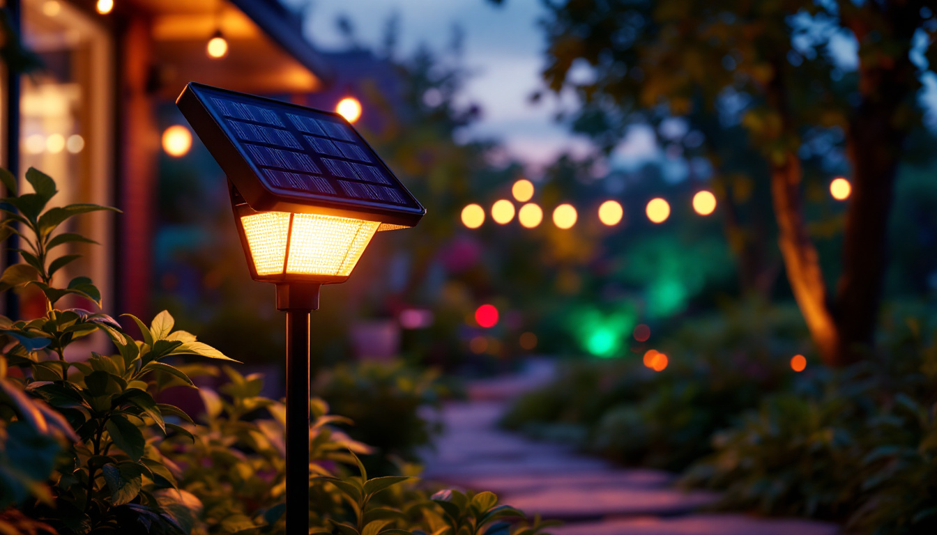 A photograph of a solar-powered black light illuminating a vibrant outdoor space at dusk