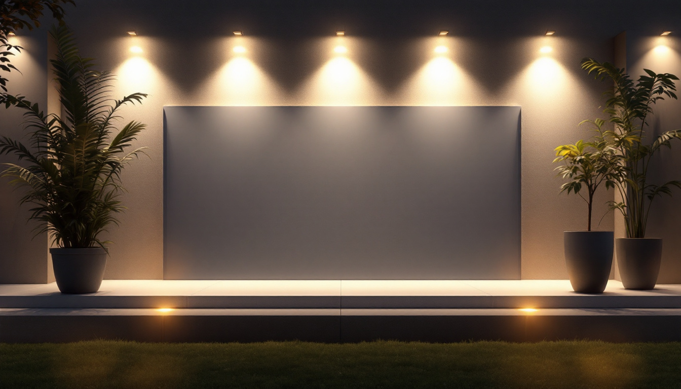 A photograph of a well-lit outdoor space showcasing exterior led flood lights illuminating various features