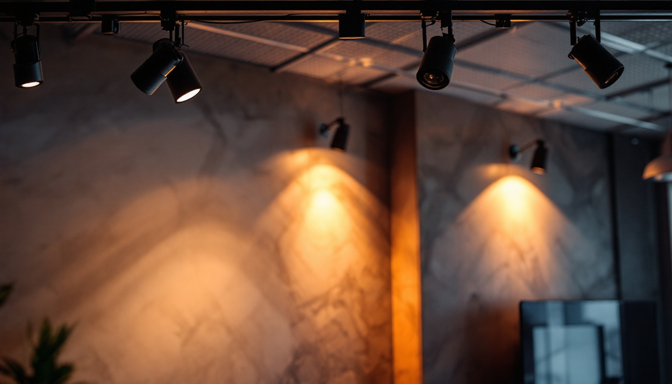 A photograph of a stylish interior space featuring track lighting