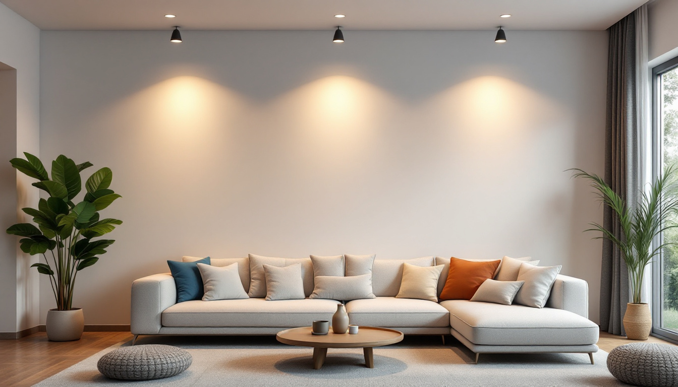A photograph of a modern living space featuring recessed led light bulbs in various settings