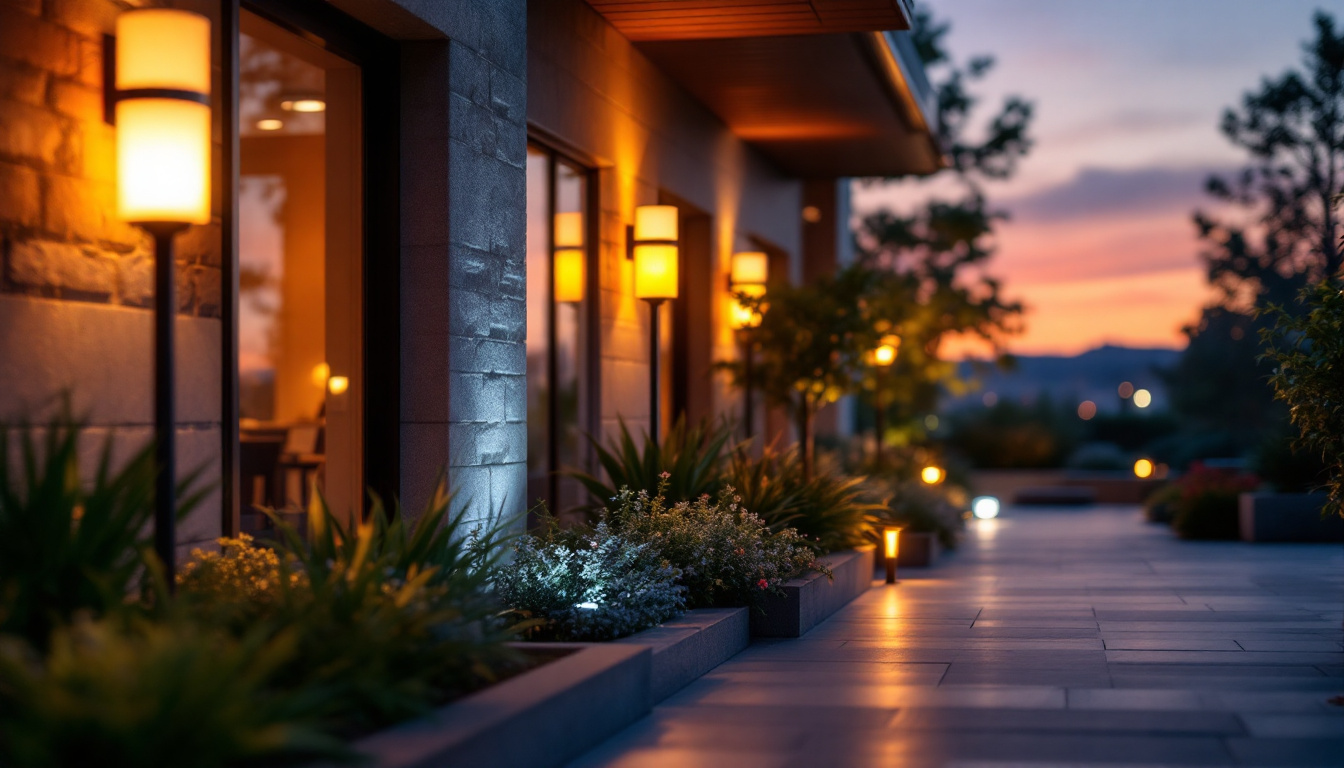 A photograph of a beautifully illuminated outdoor space featuring various led light fixtures