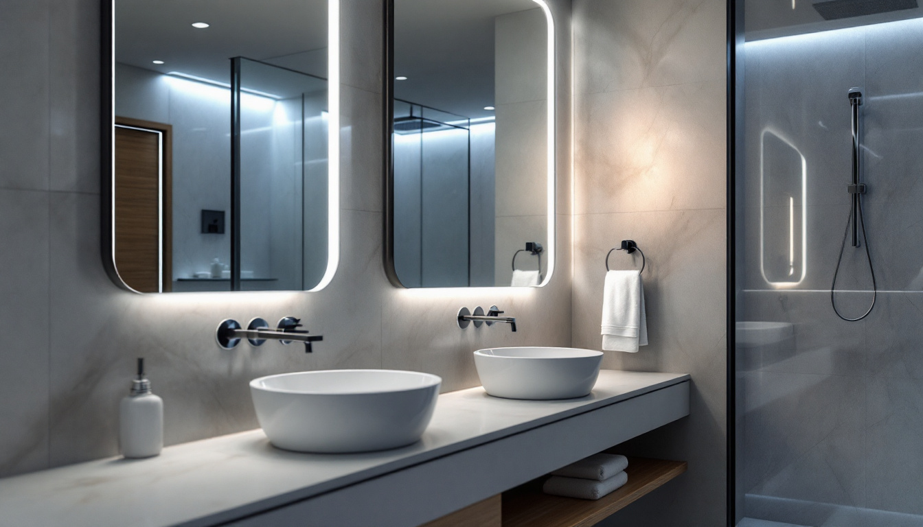 A photograph of a modern bathroom featuring stylish mirror led lights
