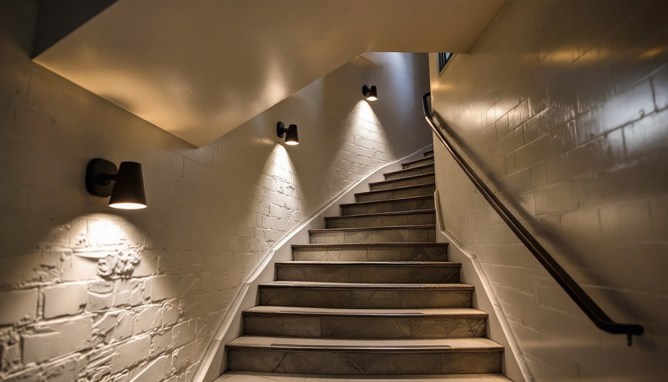 A photograph of a well-lit basement stairwell featuring modern lighting fixtures that highlight the architectural details and create an inviting atmosphere