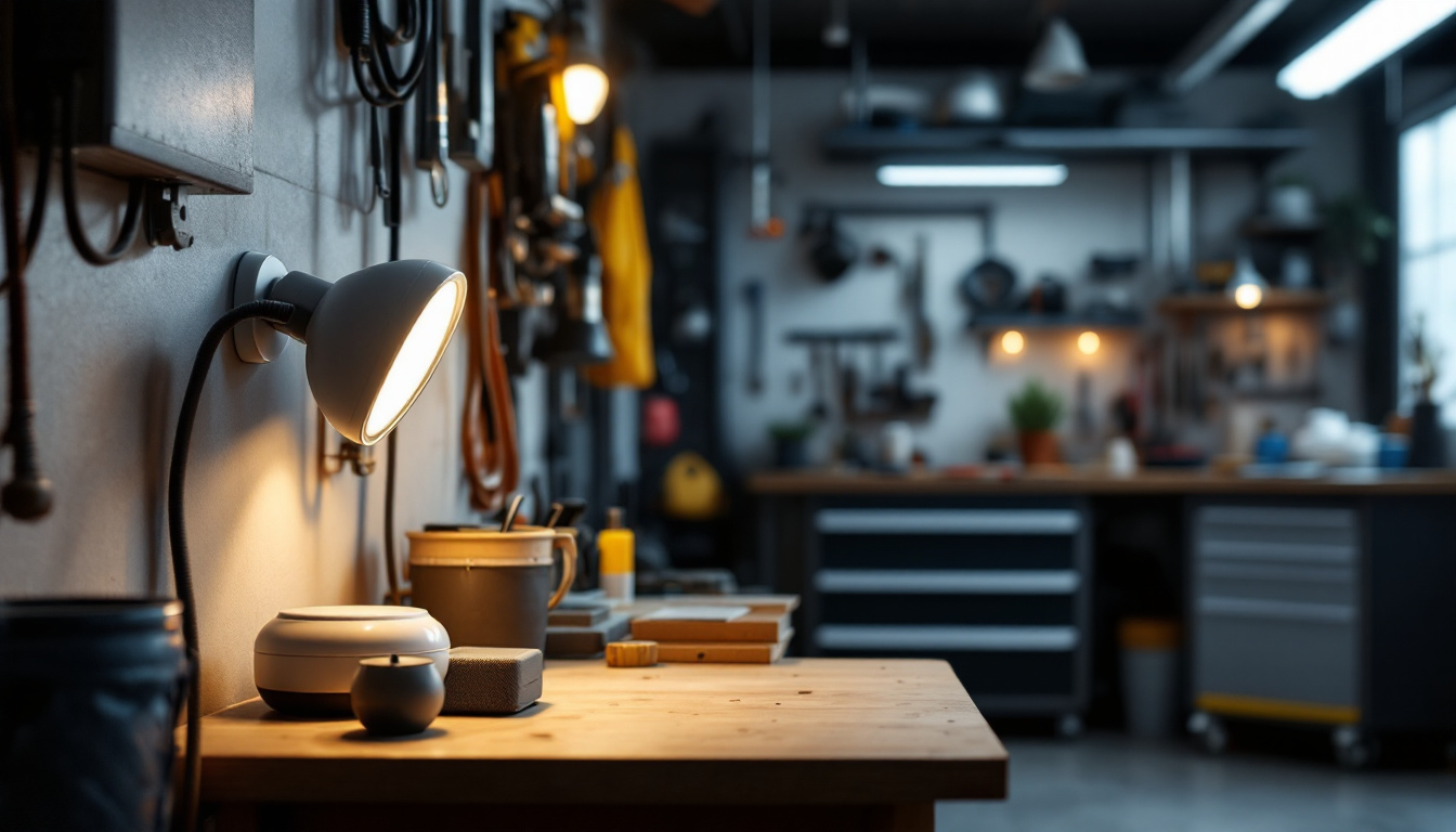 A photograph of a modern plug-in garage light in a well-lit garage setting