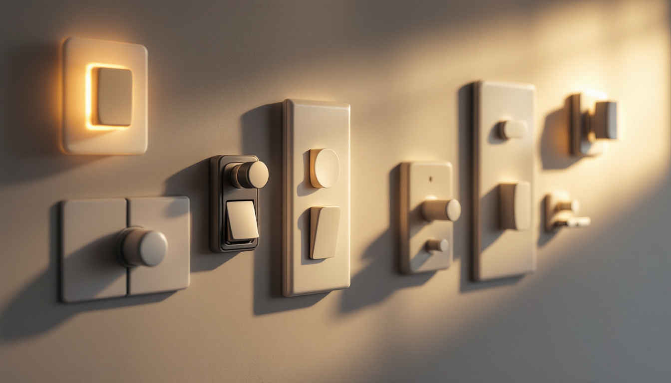 A photograph of a variety of light switches in a well-lit setting