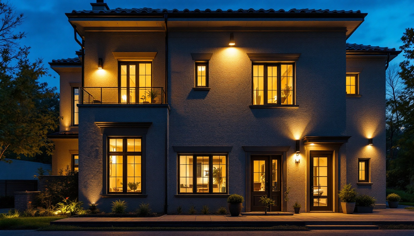 A photograph of a well-lit building exterior at dusk