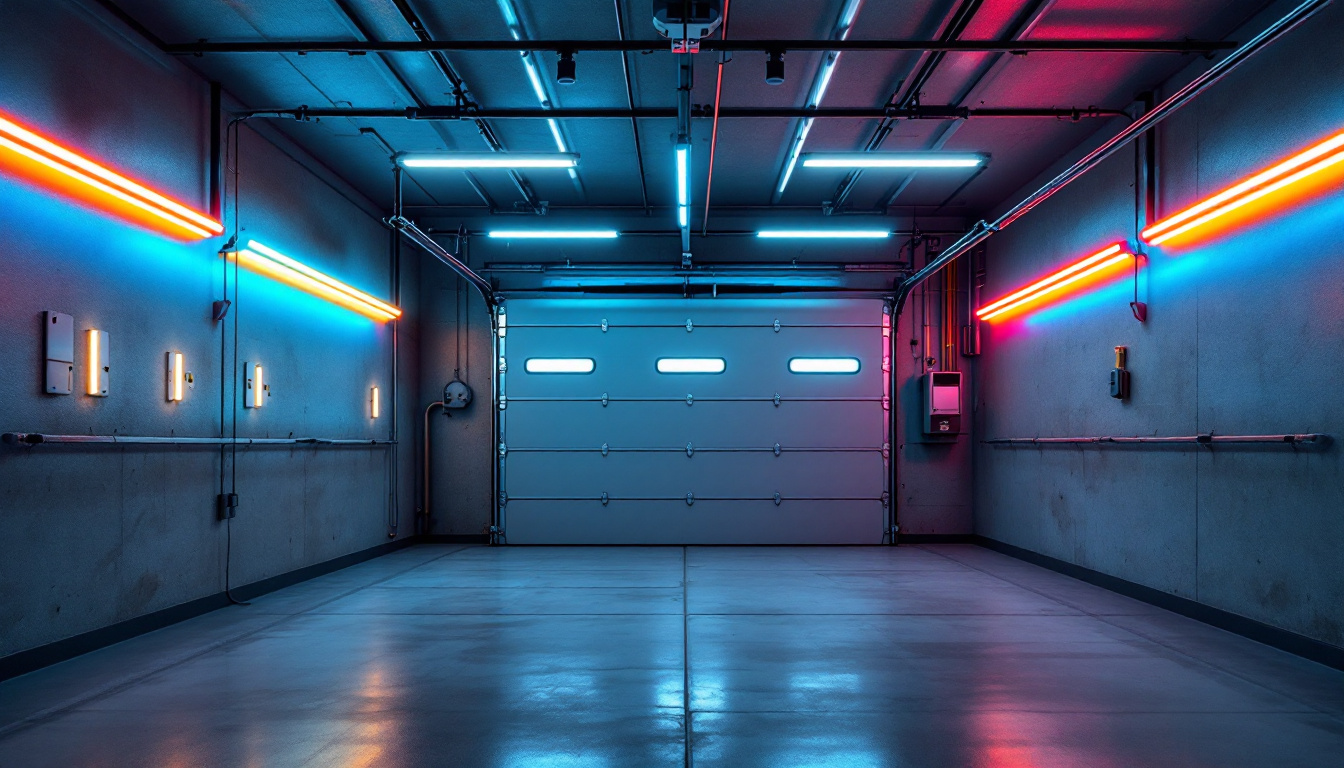 A photograph of a well-lit garage featuring vibrant led light strips installed along the walls and ceiling