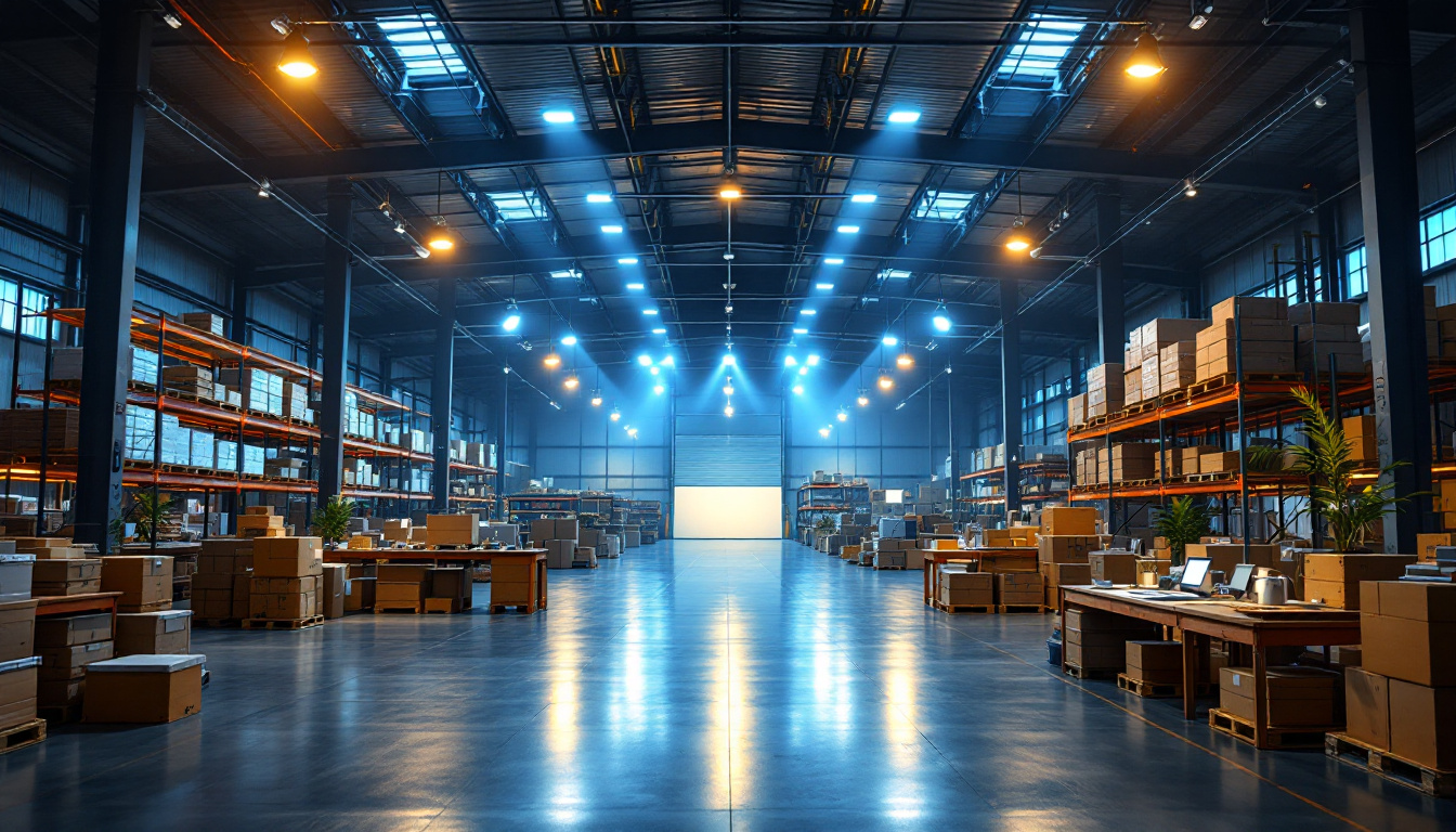 A photograph of a well-lit warehouse interior showcasing various lighting setups