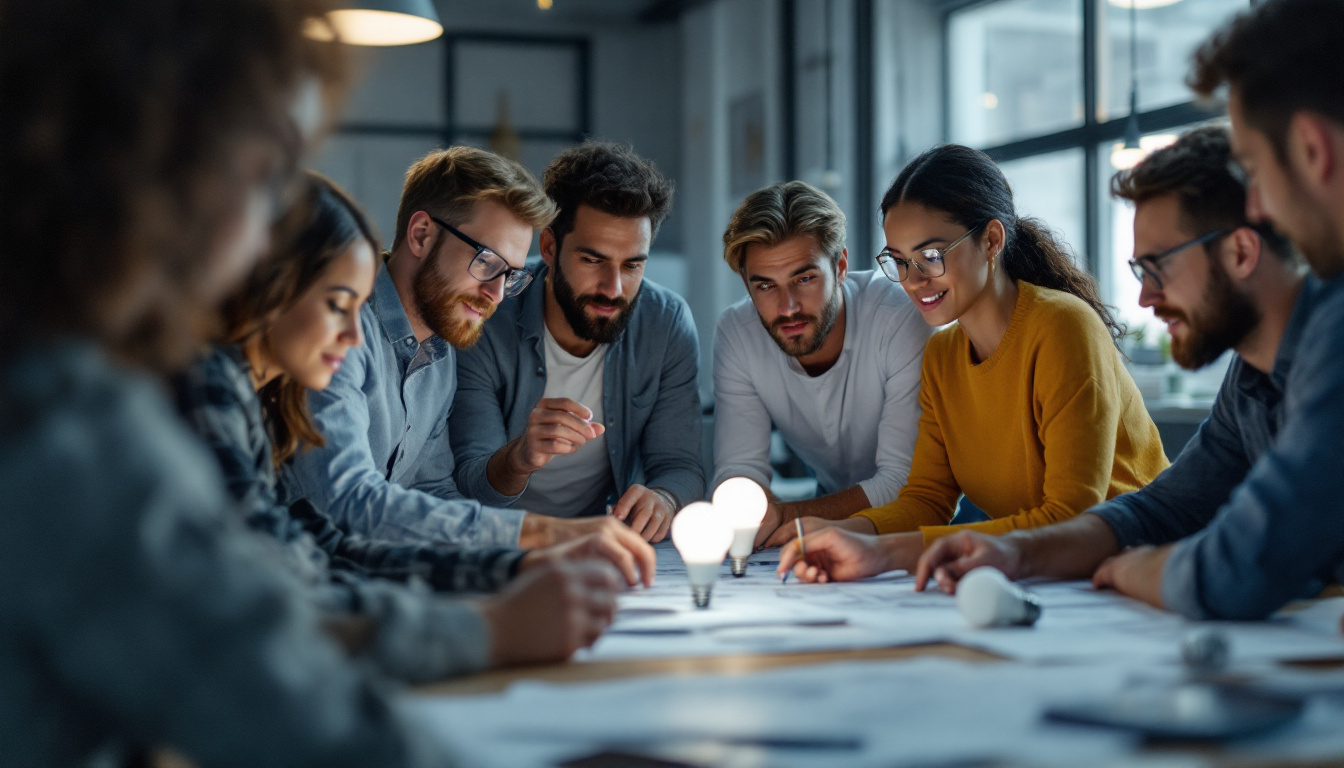 A photograph of a diverse group of engineers collaborating around a table