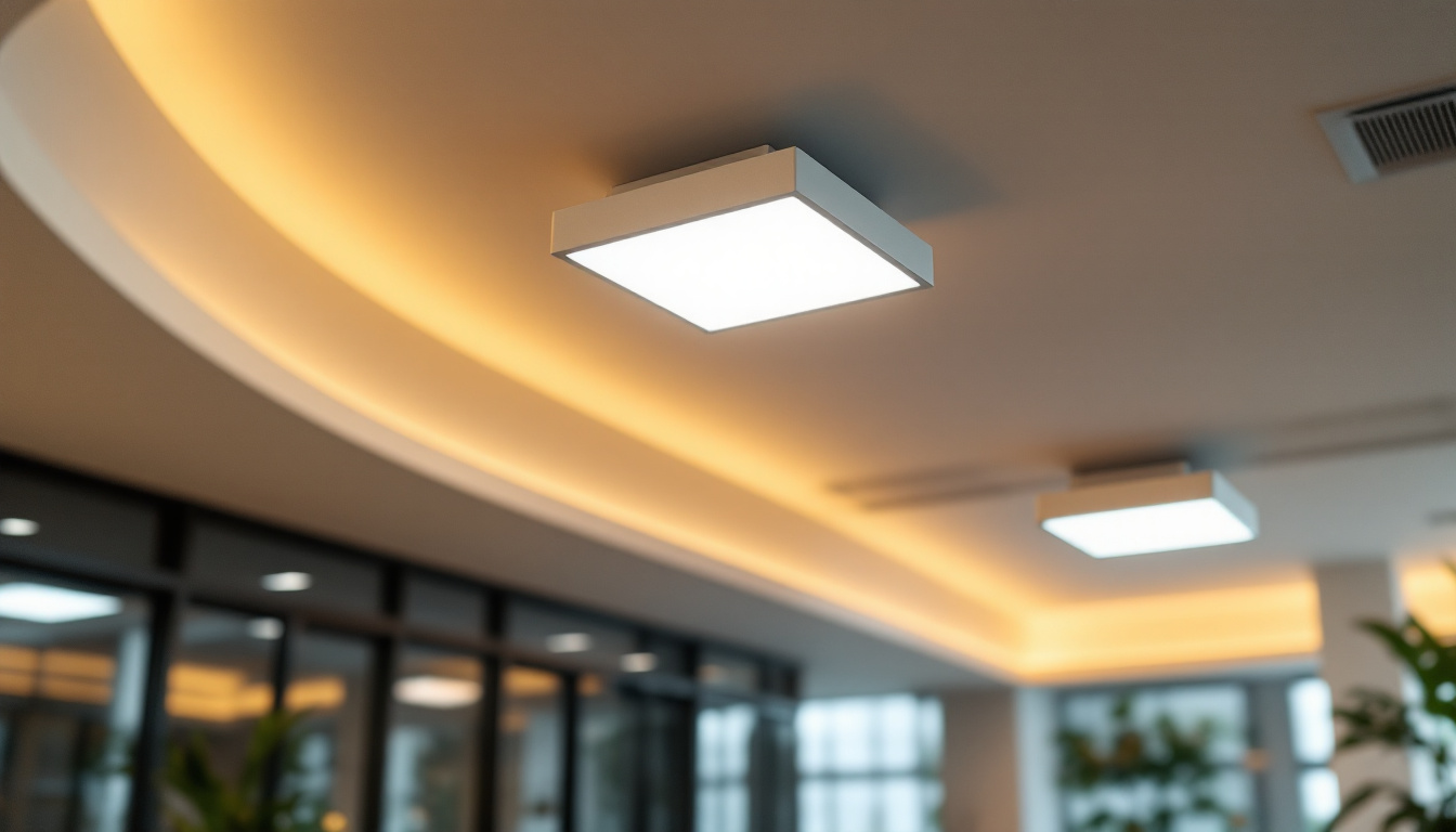 A photograph of a well-designed interior space featuring 2x4 drop ceiling led light fixtures