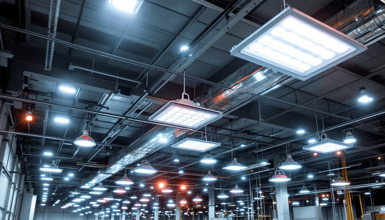 A photograph of a well-lit industrial space showcasing various highbay led light fixtures in use