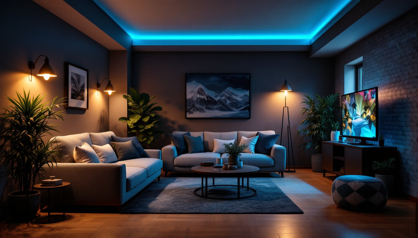 A photograph of a well-lit basement featuring energy-efficient led lights