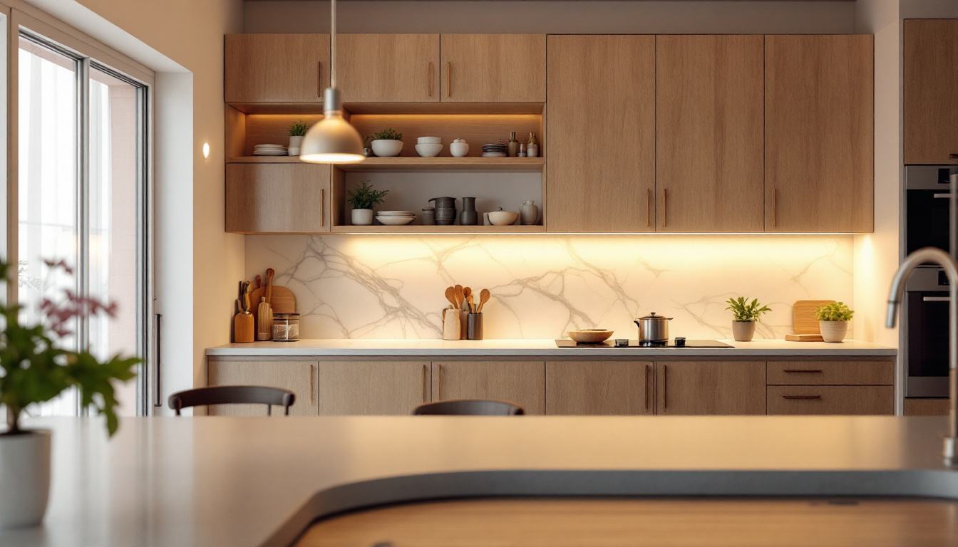 A photograph of a beautifully designed kitchen featuring sleek under cabinet lighting that highlights the countertops and creates an inviting atmosphere