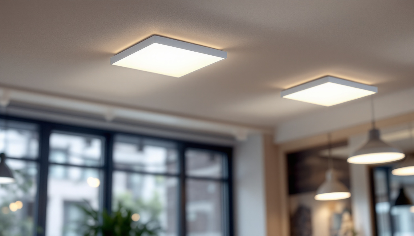 A photograph of a well-lit interior space featuring 2 x 4 drop ceiling led lights