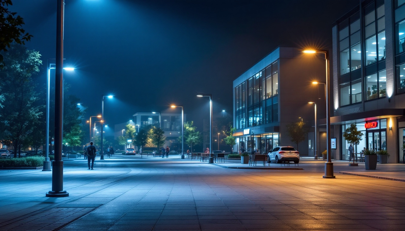 A photograph of a well-lit commercial space showcasing led pole lights in action
