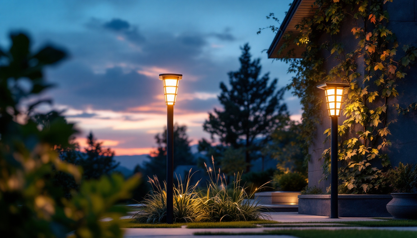 A photograph of capture a photograph of a beautifully designed large solar post light illuminating a modern outdoor space at dusk