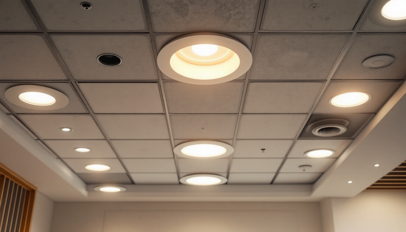 A photograph of a stylish drop ceiling featuring various recessed lighting fixtures