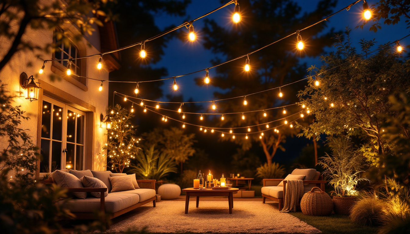 A photograph of a beautifully illuminated outdoor setting featuring commercial string lights draped elegantly above a cozy gathering space
