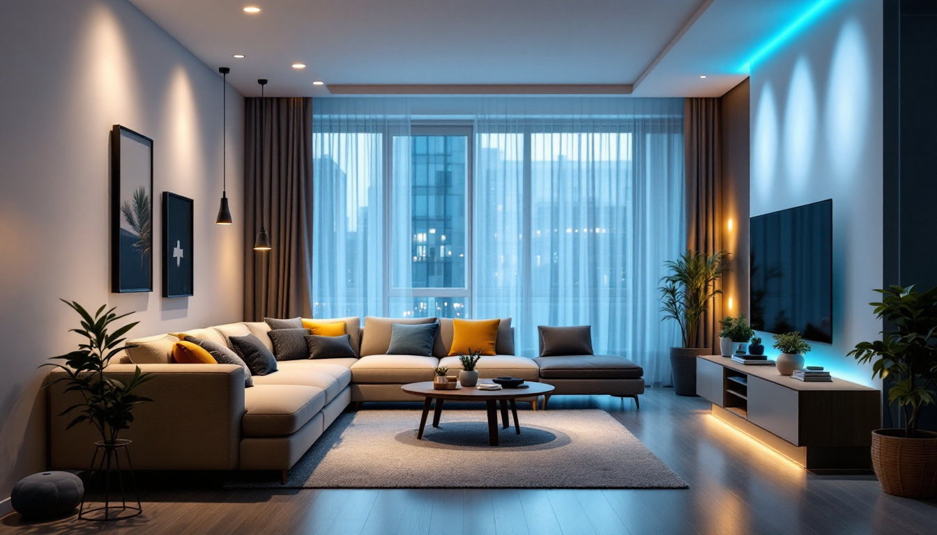 A photograph of a well-lit modern living space featuring a stylish 6'' led recessed lighting retrofit conversion kit in action