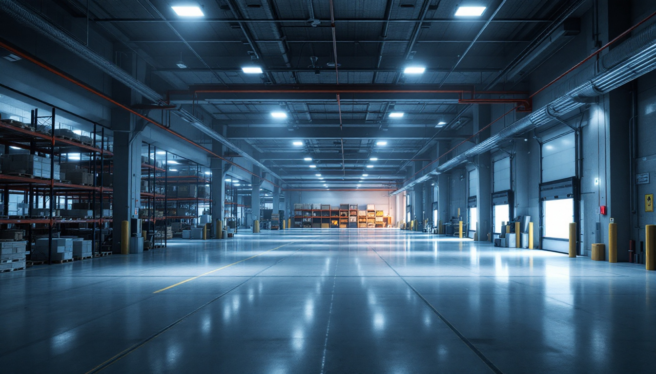 A photograph of a modern warehouse interior showcasing various led lighting solutions in action