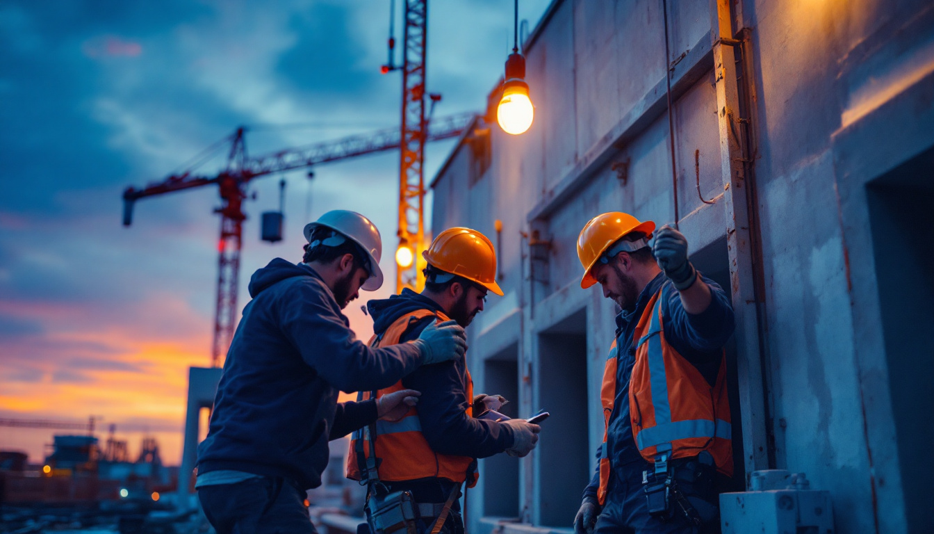 A photograph of a construction site at dusk