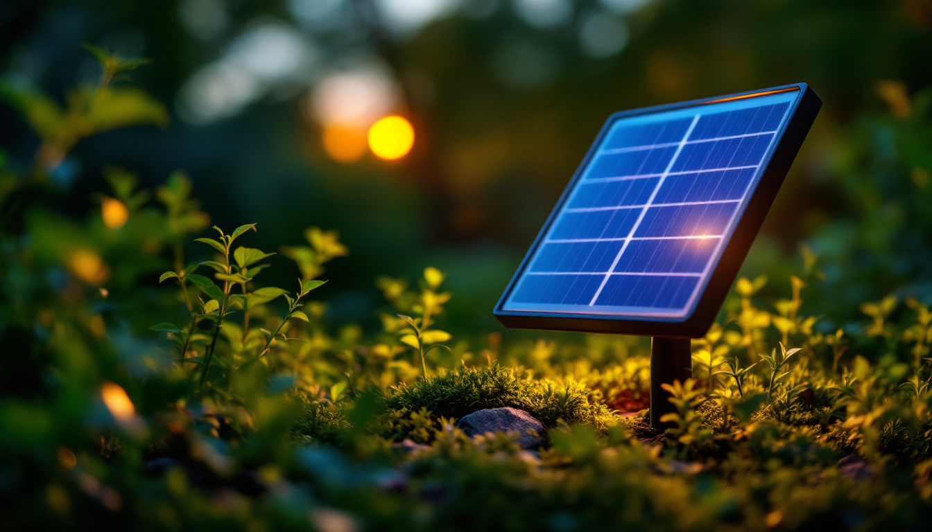 A photograph of a solar power light bulb glowing brightly in a serene outdoor setting