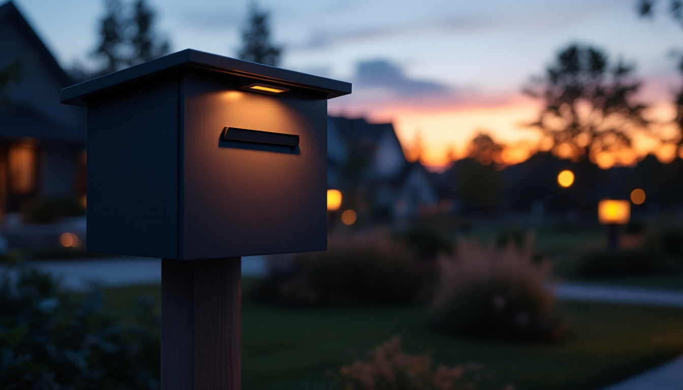 A photograph of a well-lit mailbox in an outdoor setting