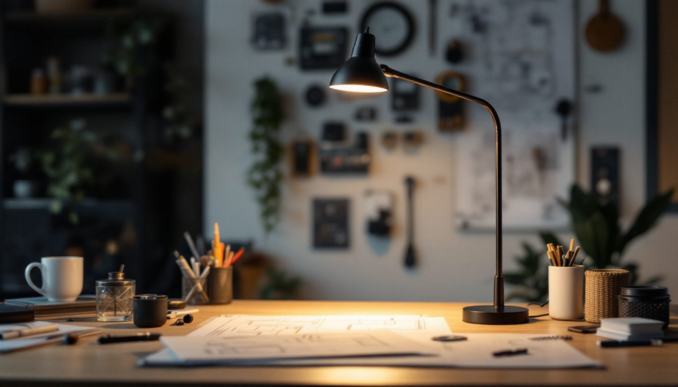 A photograph of a stylish workspace featuring a well-designed goose neck light illuminating a drafting table or workstation