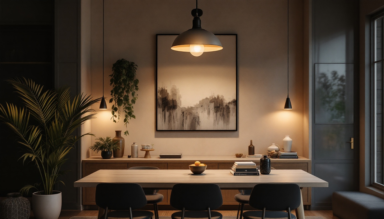 A photograph of a beautifully designed interior space featuring an 8-foot light fixture as the focal point
