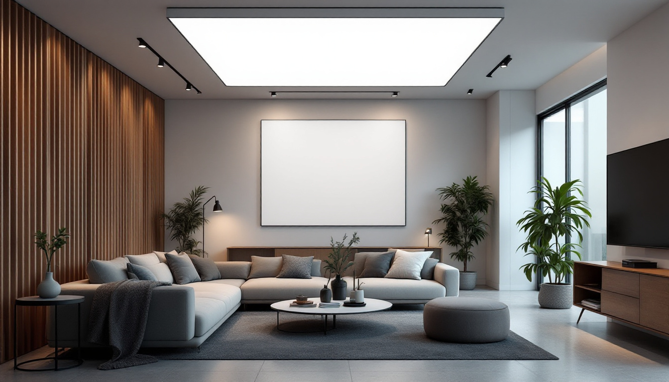 A photograph of a modern interior space showcasing a stylish installation of led flat panel lights