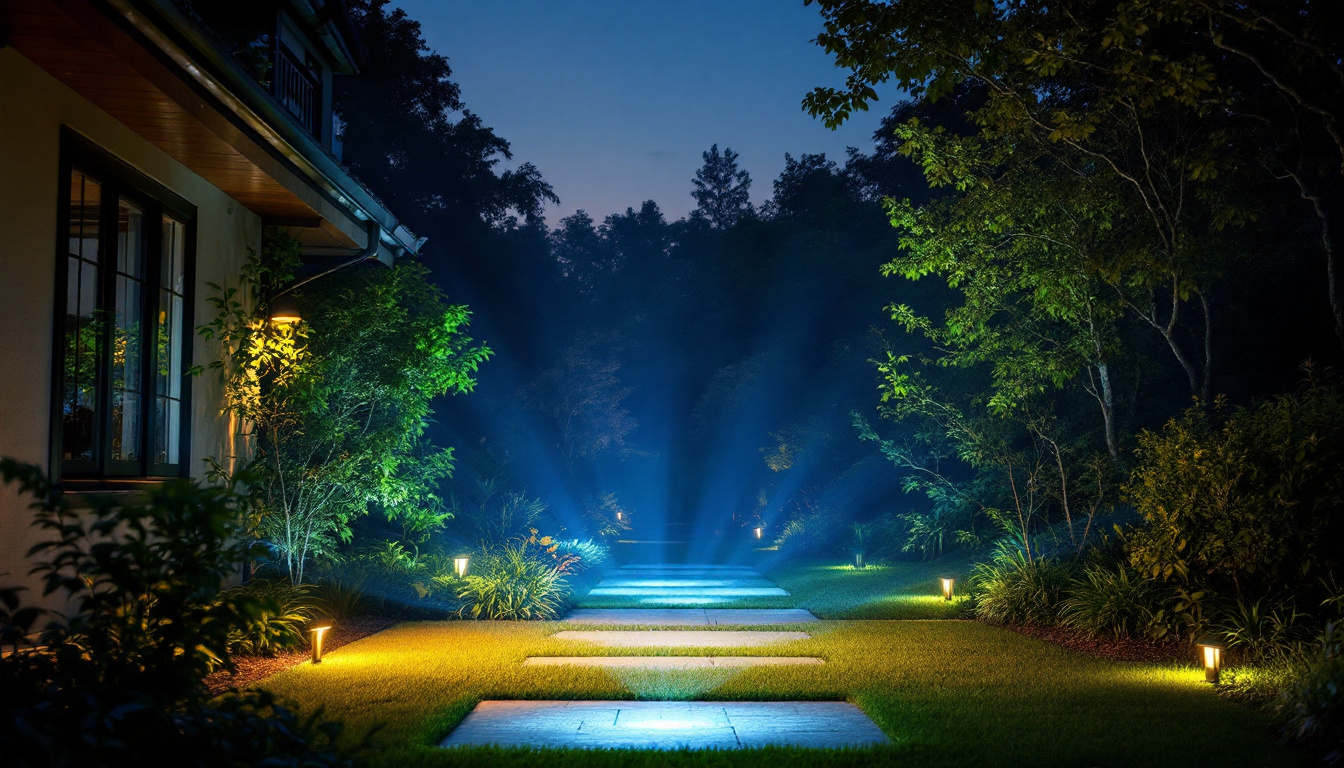 A photograph of a beautifully illuminated outdoor space featuring ground flood lights in action