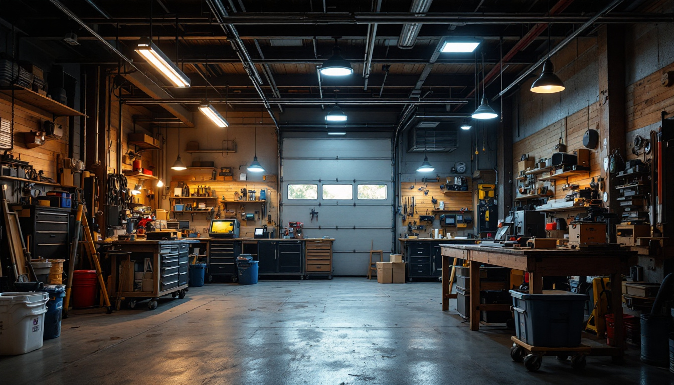 A photograph of a well-lit workshop or garage space featuring multiple 8ft shop lights in action