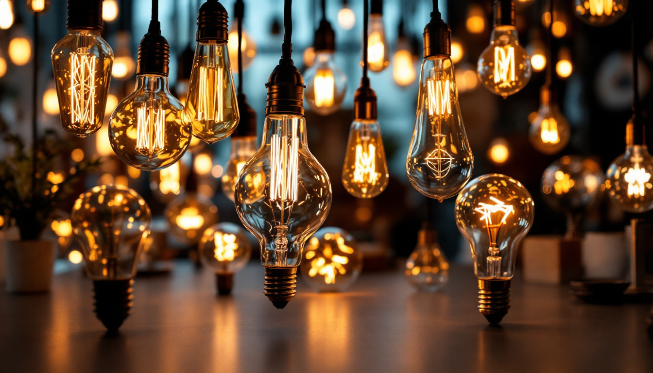 A photograph of a beautifully arranged display of various decorative lightbulbs