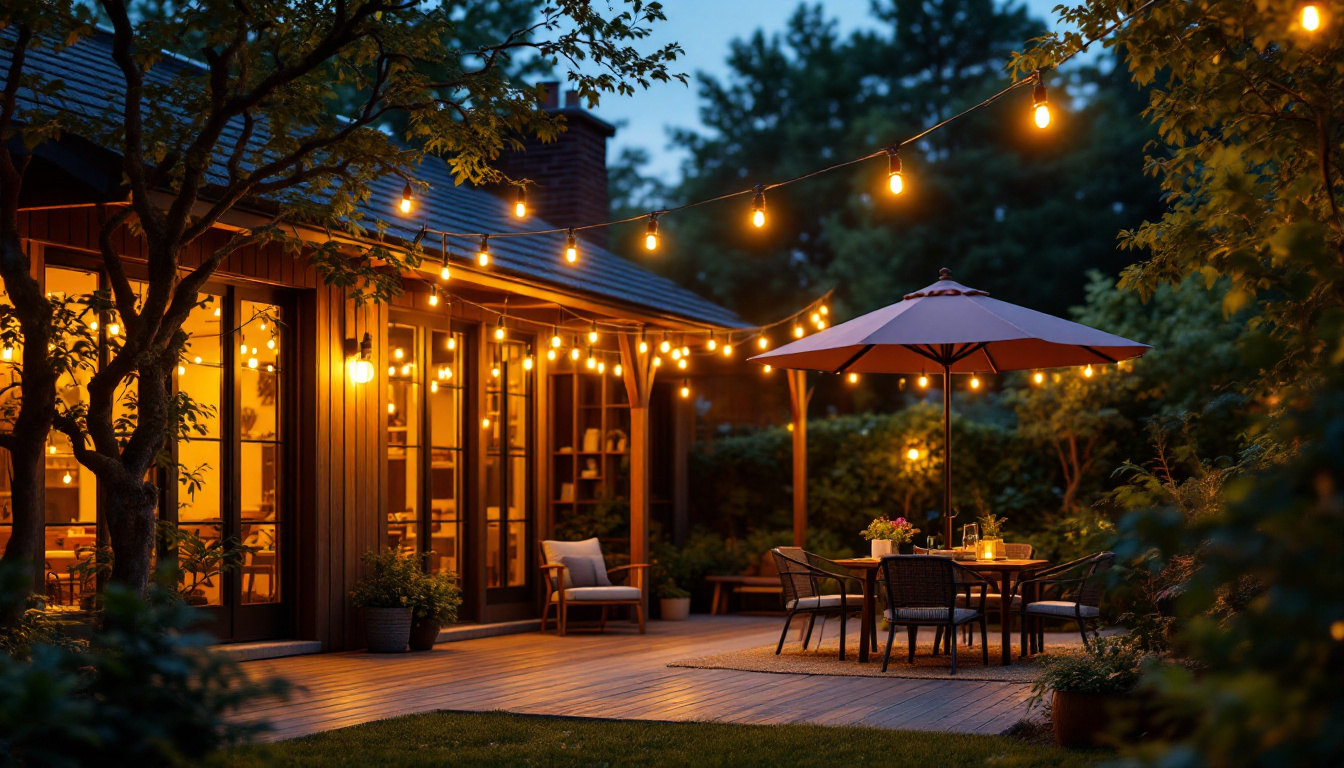 A photograph of a beautifully illuminated outdoor space featuring gooseneck lights