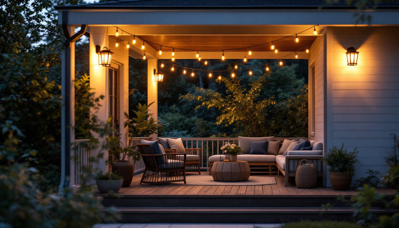 A photograph of a beautifully illuminated outdoor porch featuring stylish solar lights