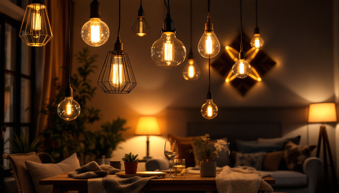 A photograph of a cozy indoor setting featuring a variety of cheap hanging lights in use