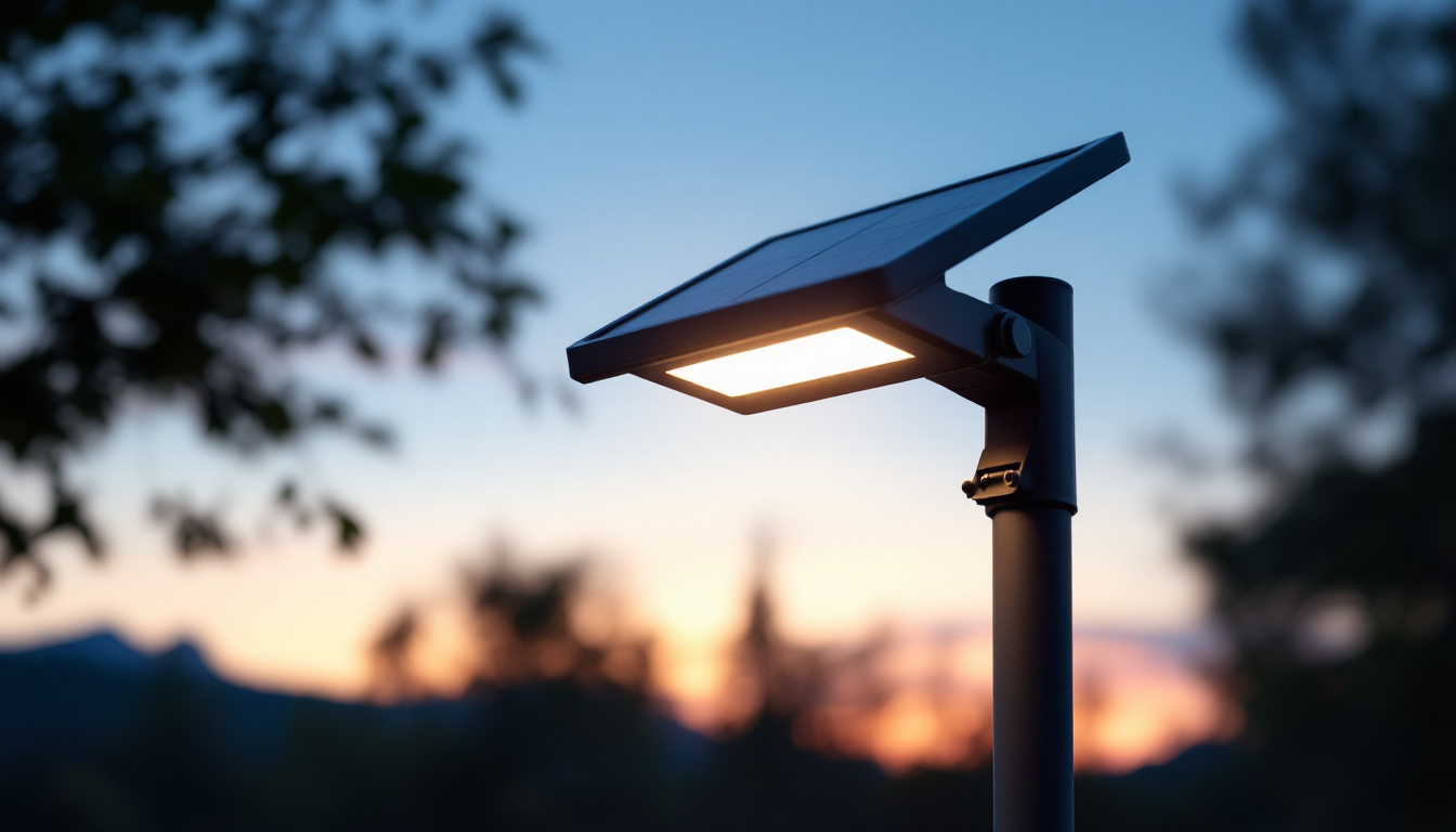 A photograph of capture a photograph of a sleek solar light mounted on a pole in an outdoor setting