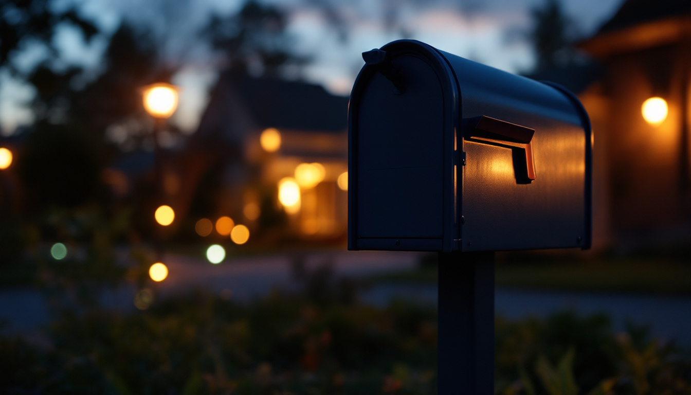A photograph of a beautifully illuminated mailbox at dusk