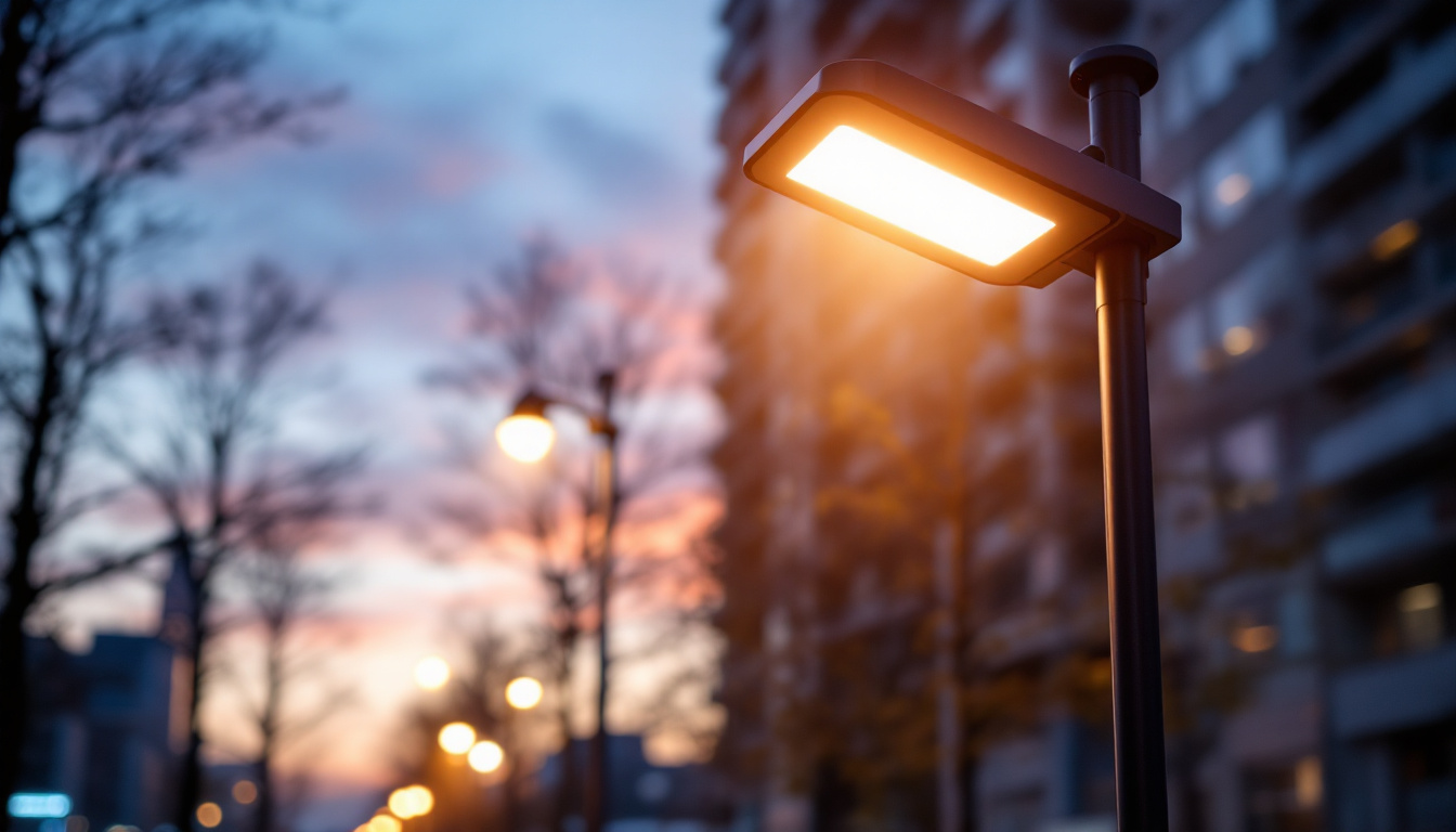 A photograph of a modern street pole light illuminated at dusk
