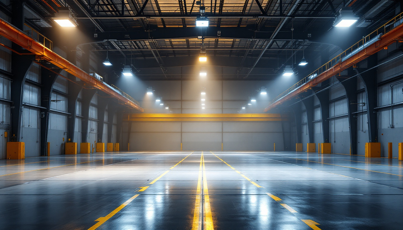 A photograph of a spacious industrial setting illuminated by high bay led lights