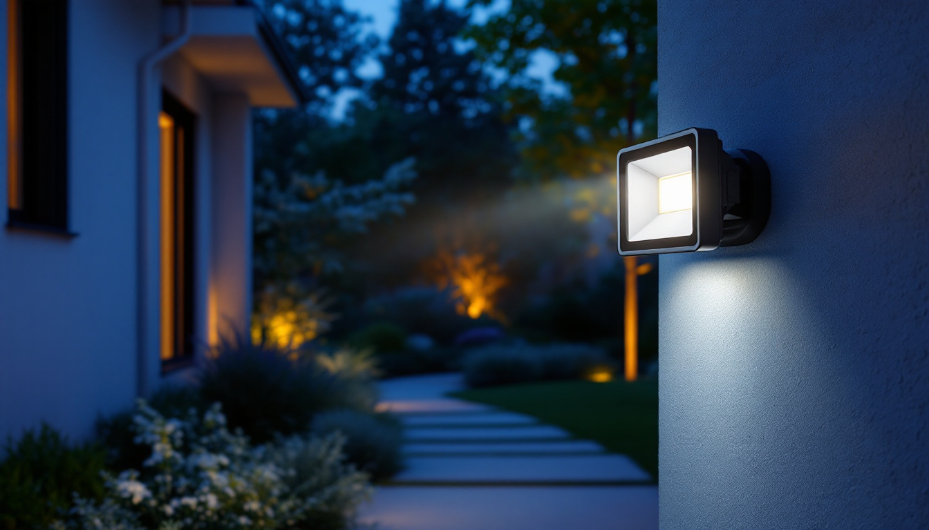 A photograph of a well-lit outdoor space featuring an installed motion flood light in action