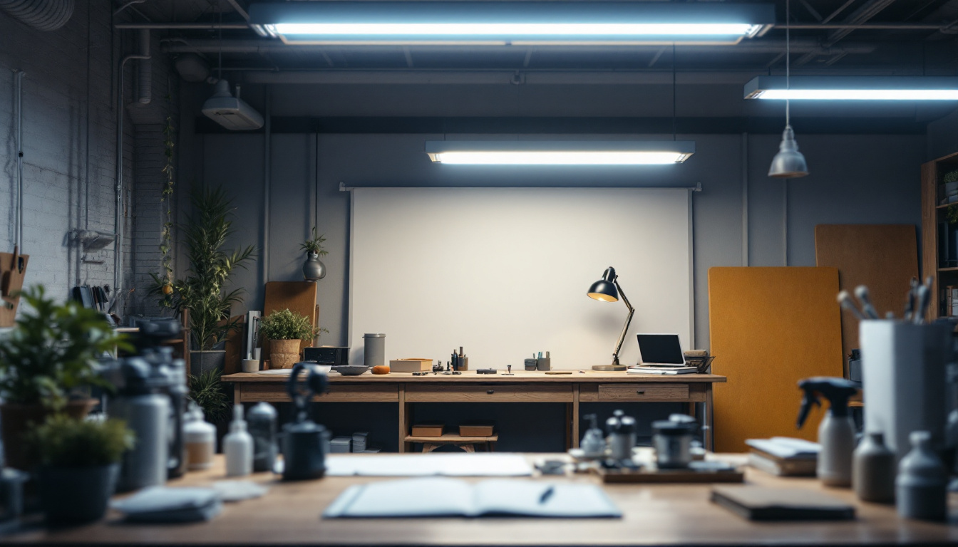 A photograph of a well-lit workspace featuring fluorescent shop lights in action