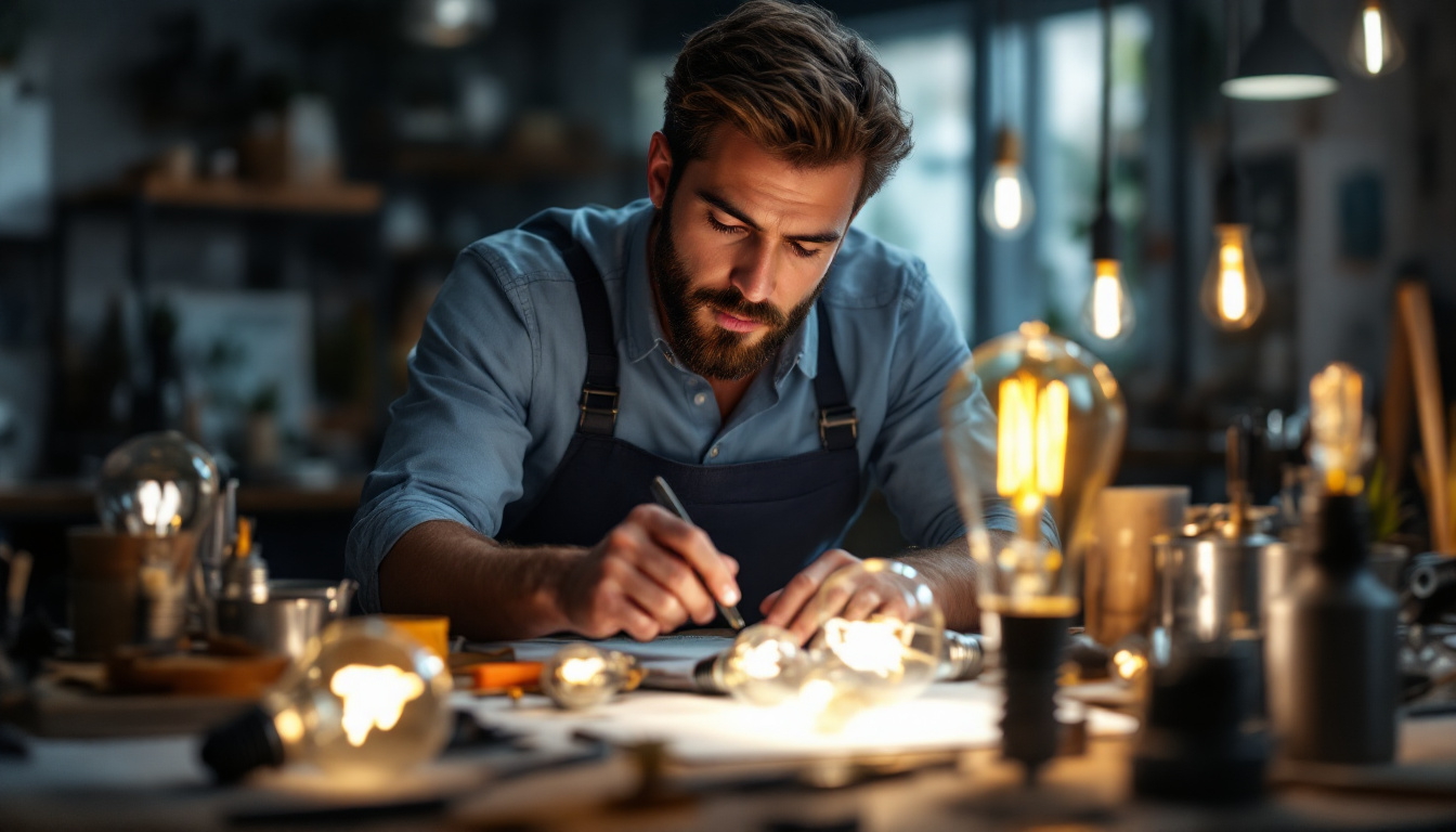 A photograph of a well-lit workspace where an electrical engineer is examining various decorative light bulbs