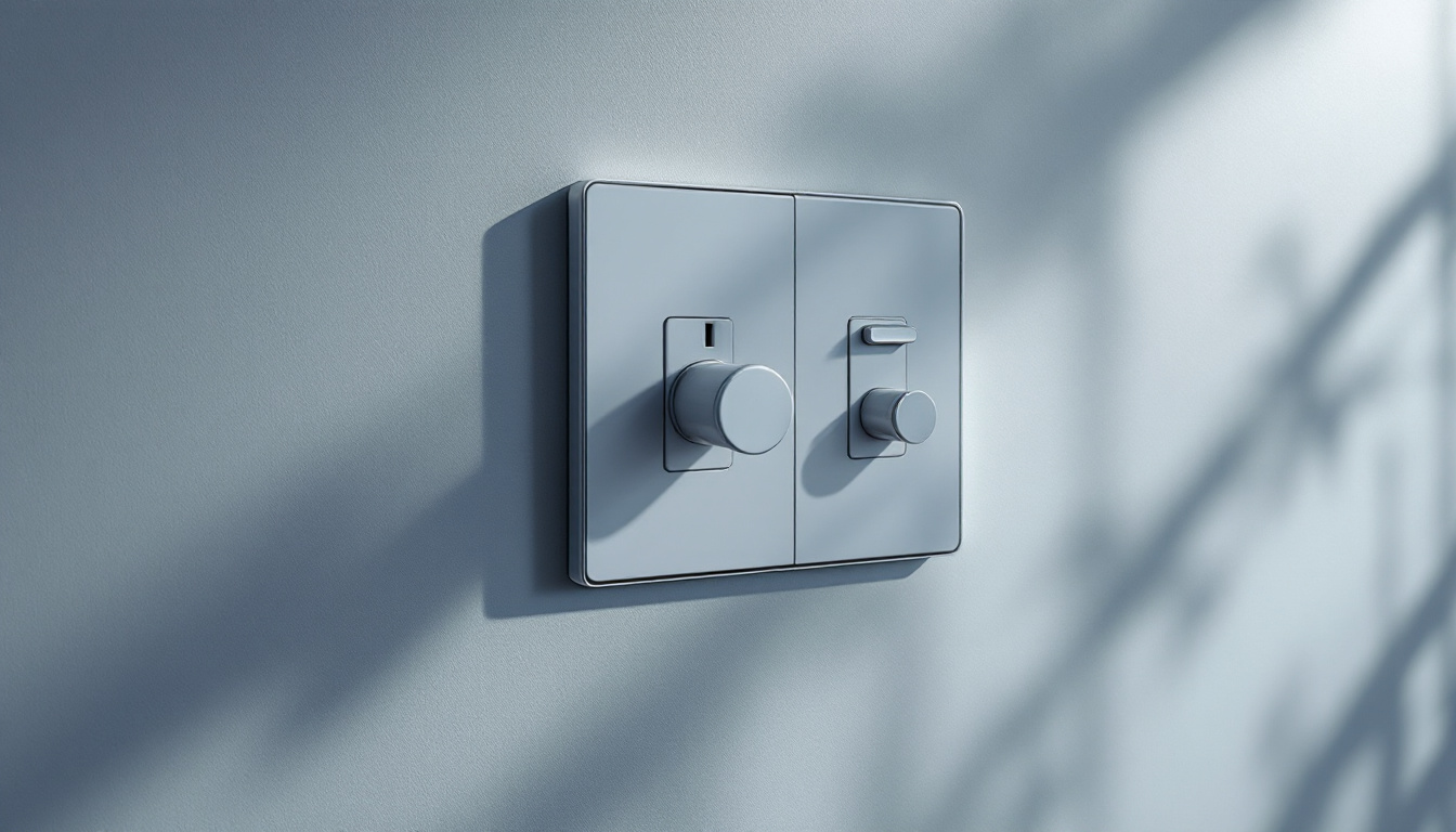 A photograph of a single electrical outlet integrated with modern lighting control switches
