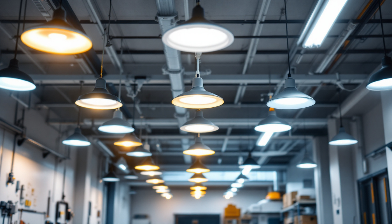 A photograph of a well-lit commercial space showcasing various led shop light fixtures in use