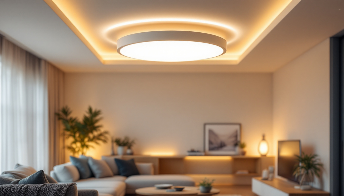 A photograph of a stylishly designed ceiling flat led light fixture illuminating a modern living space